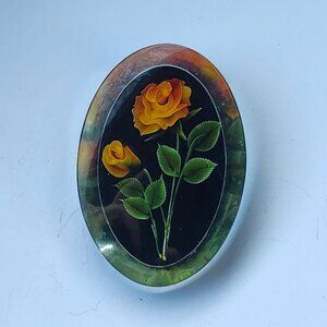 Vintage Oval Floral Brooch With Yellow & Orange Rose Design Resin Enamel & Metal